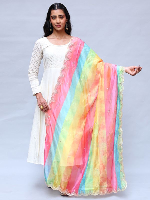 Rainbow Golden Thread woven Dupatta with Roman Stripes Pattern from Amritsar