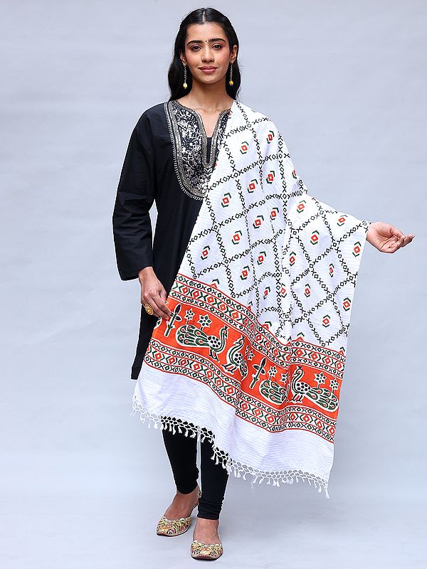 Snow-White Cotton Dupatta with Peacock Print