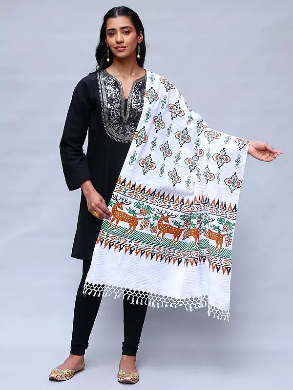 Star-White Deer Pattern Cotton Dupatta with Fringe Border
