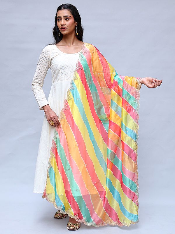 Multicolor Leheriya Dupatta from Amritsar with Zari Thread work Scalloped Border