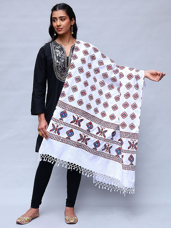 Lucent-White Cotton Dupatta with Printed Fishes and Butterflies