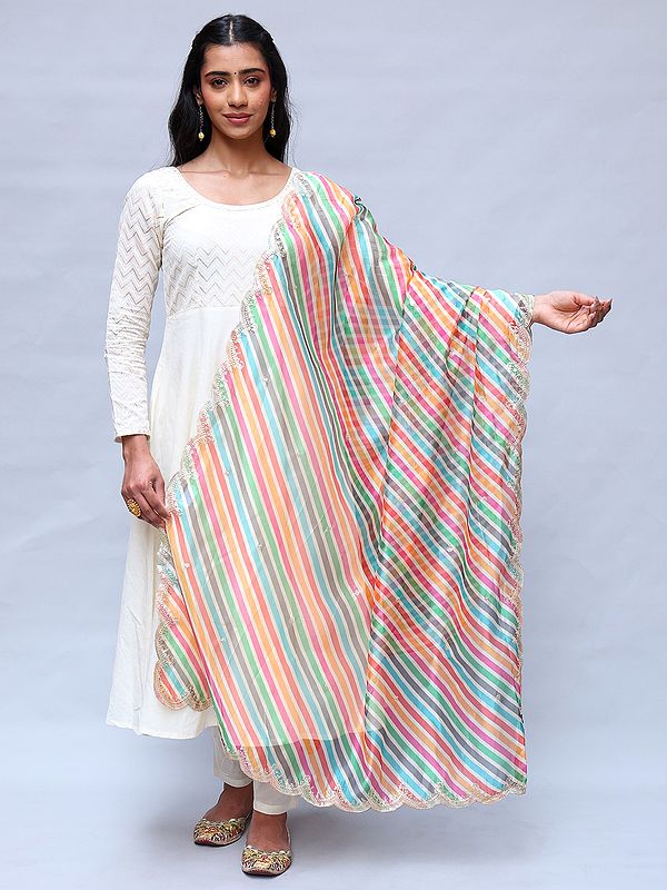 Tri-Color Art Silk Leheriya Dupatta with Scalloped Border from Amritsar