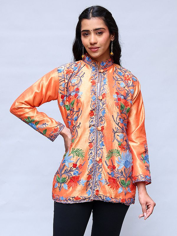 Mock-Orange Kashmiri Short Jacket with Aari Embroidered Flowers