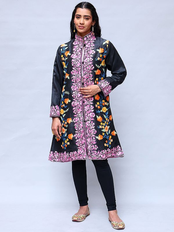 Black-Olive Kashmiri Long Jacket with Aari Embroidered Floral Vines with Side Pockets
