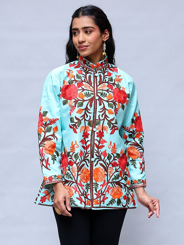 Blue-Light Short Jacket from Kashmir with Multicolor Aari Embroidered Flowers