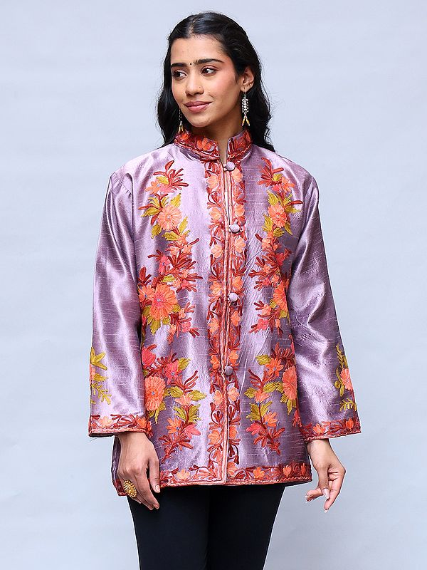 Dusky-Orchid Short Jacket with Floral Aari Embroidery from Kashmir