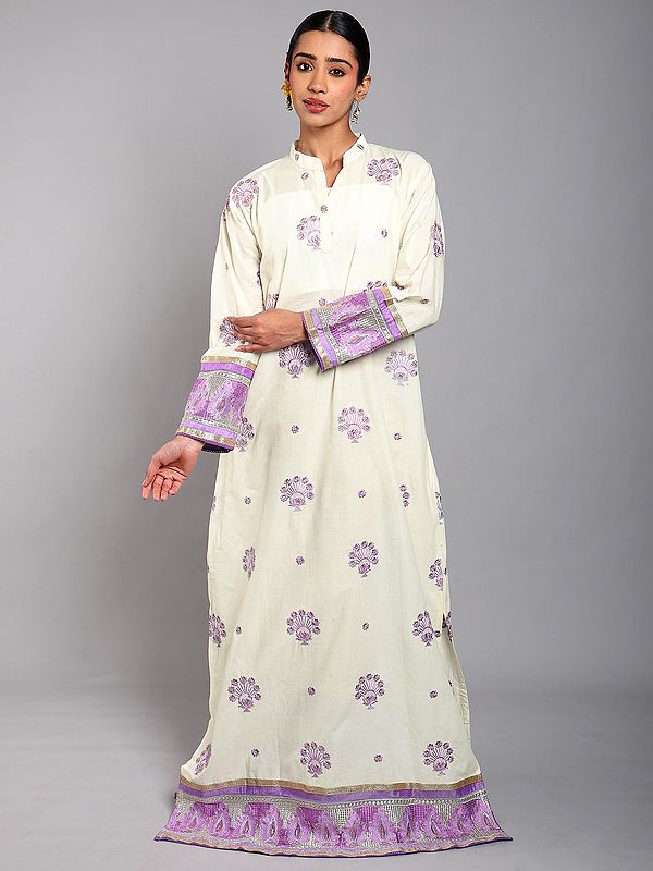Cannoli-Cream Pure Cotton Embroidered Abaya with Bead work and Patch Border
