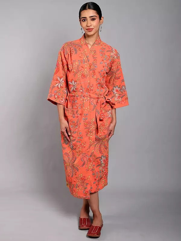 Cotton Robe with Printed Tree Branch and Front Pockets