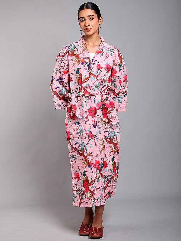 Cotton Robe with Printed Tree Branch and Front Pockets