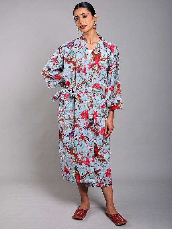 Cotton Robe with Printed Tree Branch and Front Pockets