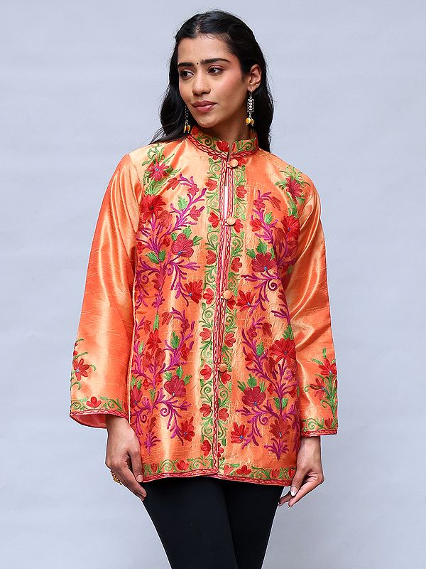 Cadmium-Orange Floral Aari Embroidered Short Jacket from Kashmir