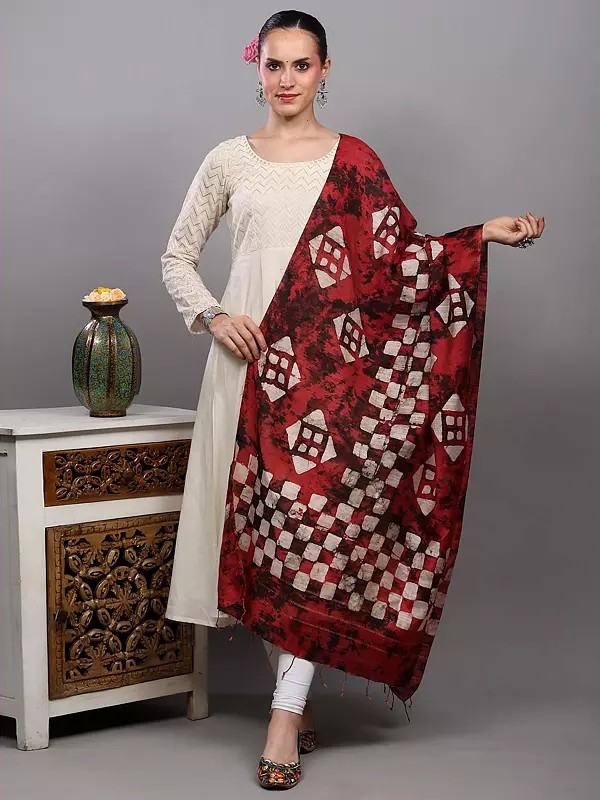 Batik Dyed Dupatta with Printed Squares from Telangana