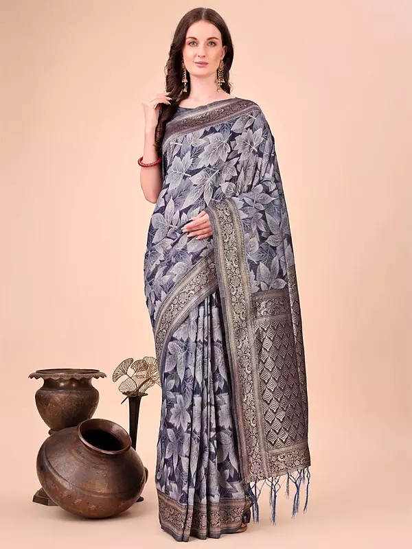All Over Floral Print Festive Wear Cotton Saree With Contrast Tassels Pallu