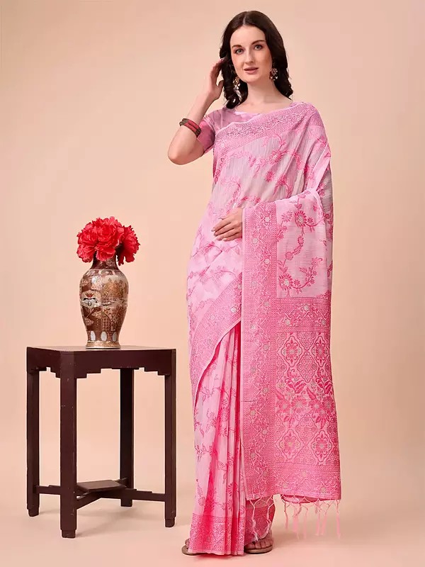 Floral Print Attractive Festive Wear Cotton Saree With Matching Blouse
