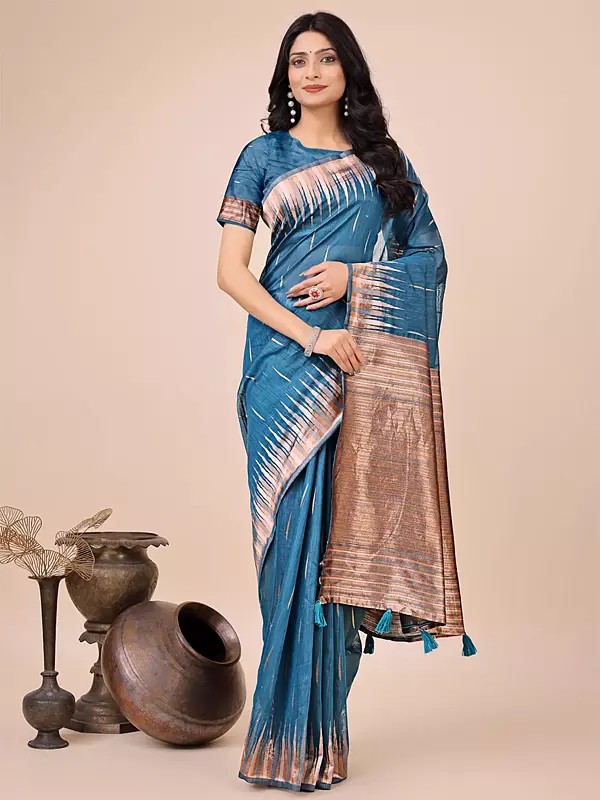 Linen Cotton Fancy Casual Wear Saree With Striped Tassels Pallu And Matching Blouse