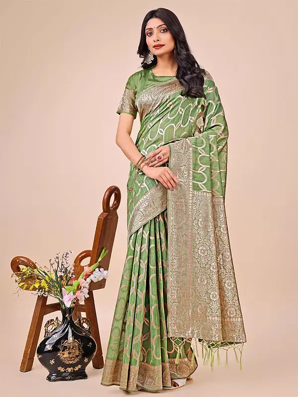Floral Border Fancy Festive Wear Linen Cotton Saree With Contrast Tassels Pallu