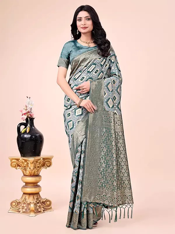 Geometric Pattern Fancy Party Wear Cotton Saree With Contrast Tassels Pallu