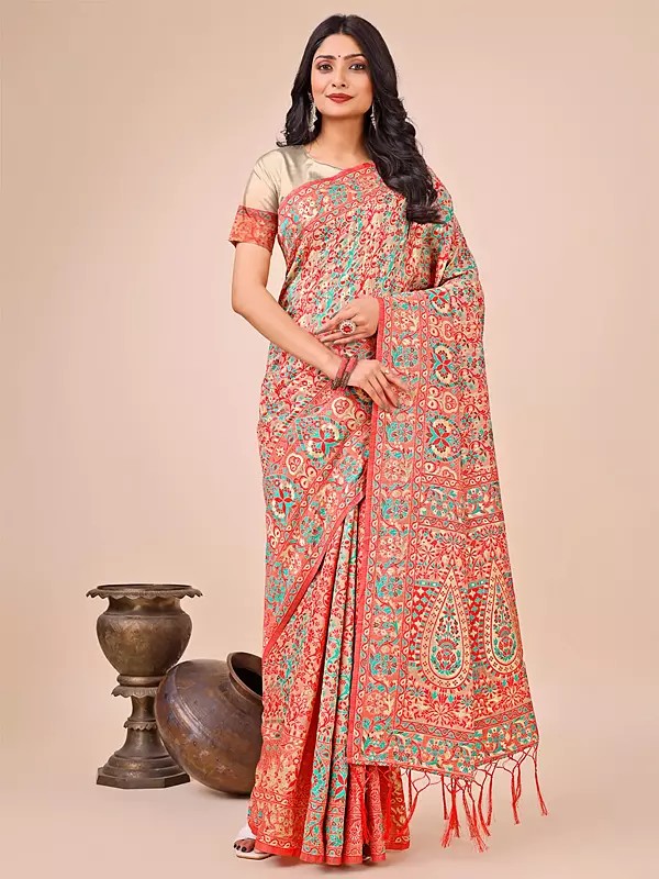 Floral Printed Attractive Festive Wear Cotton Saree With Contrast Paisleys Motifs Pallu