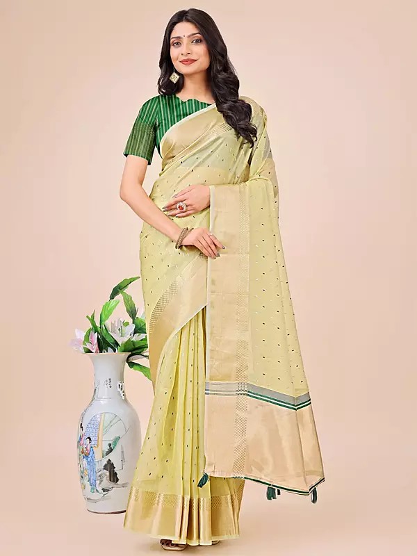 Plain Attractive Casual Wear Organza Saree With Tassels Pallu And Blouse