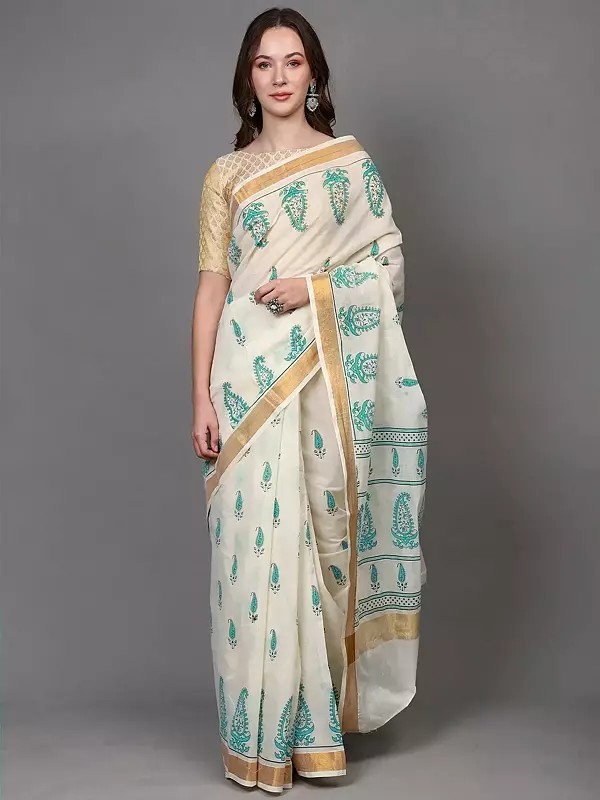 Transparent-Yellow Cotton Saree with Paisley Print and Zari Border from Telangana