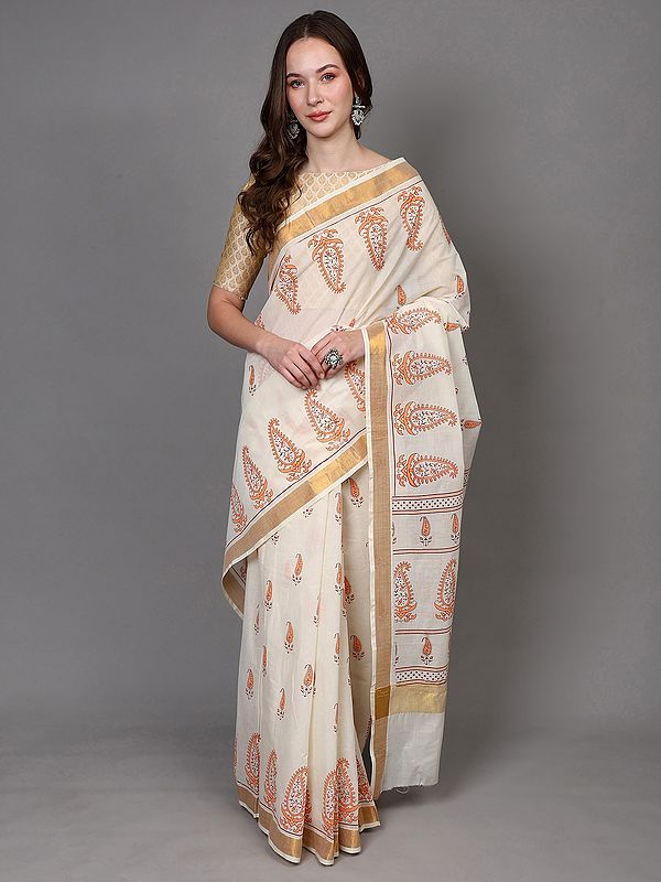 Transparent-Yellow Cotton Saree with Paisley Print and Zari Border from Telangana