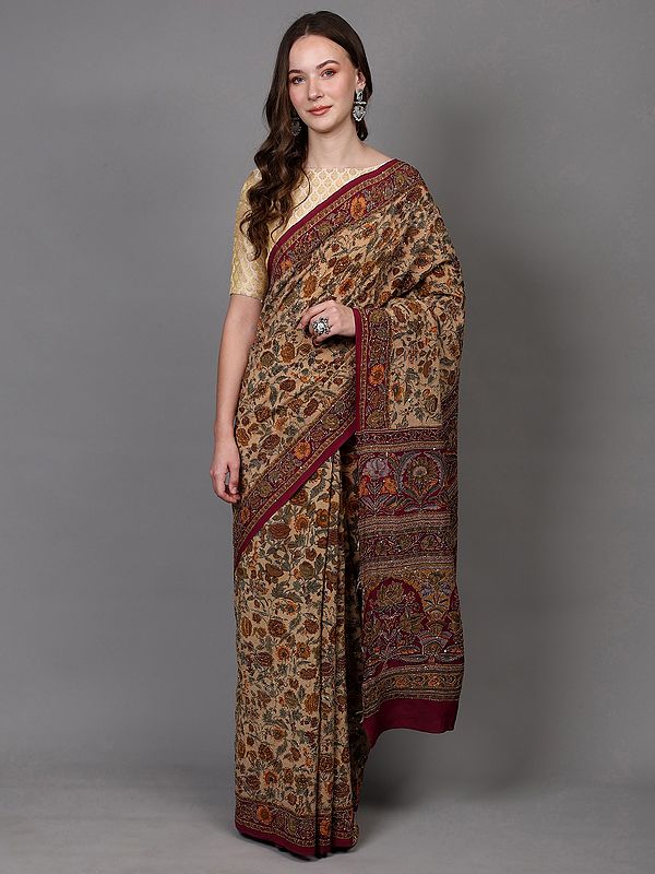 Novelle-Peach Floral Pattern Crepe Saree with Kantha and Sequins Embroidery