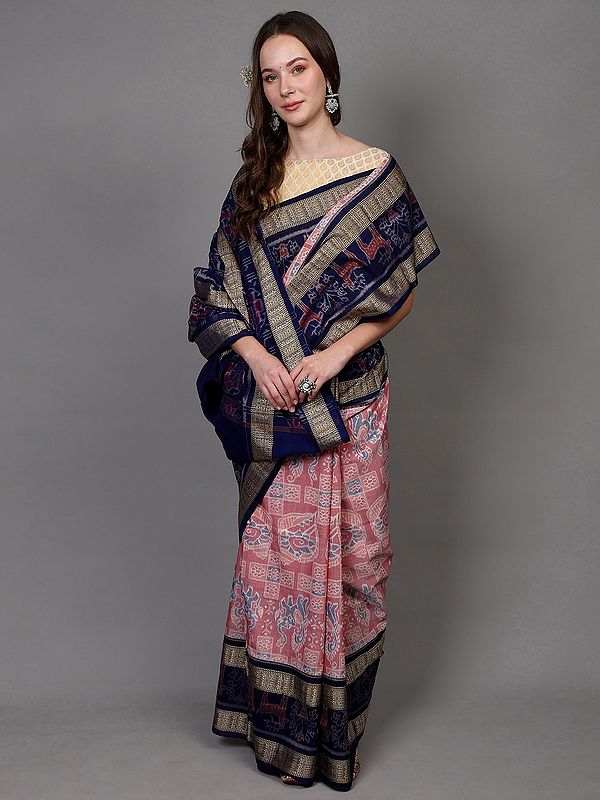 Faded-Rose Pure Cotton Ikat Handloom Sambhalpuri Saree with Animal Motifs and Woven Fish Contrast Pallu & Border