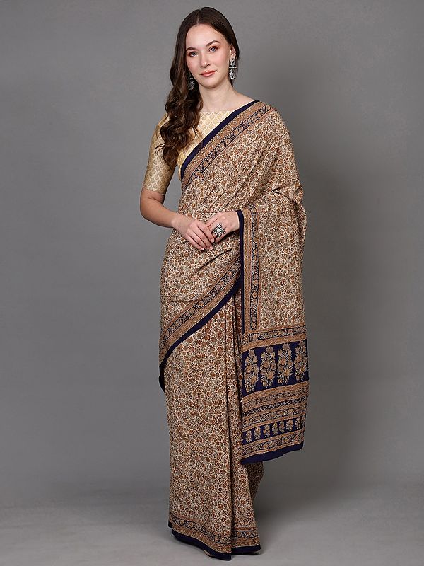 Solitary-Star Kantha-Sequins Embroidered Crepe Saree with Floral Vines