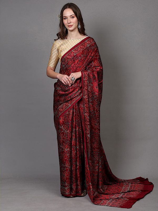 Red-Plum Silk Saree with Bagru Block Printed Floral Vine Motifs from Madhya Pradesh