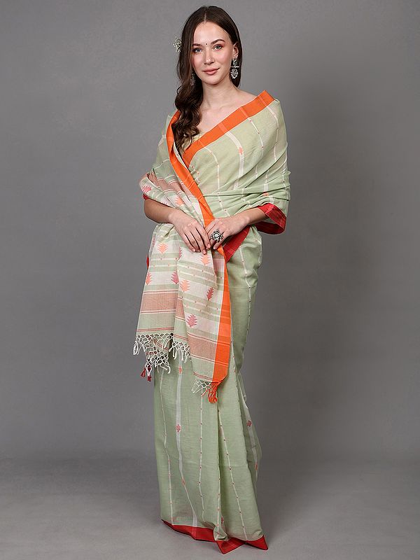 Foam-Green Tangail Handloom Pure Cotton Saree with Contrast Border from Bengal