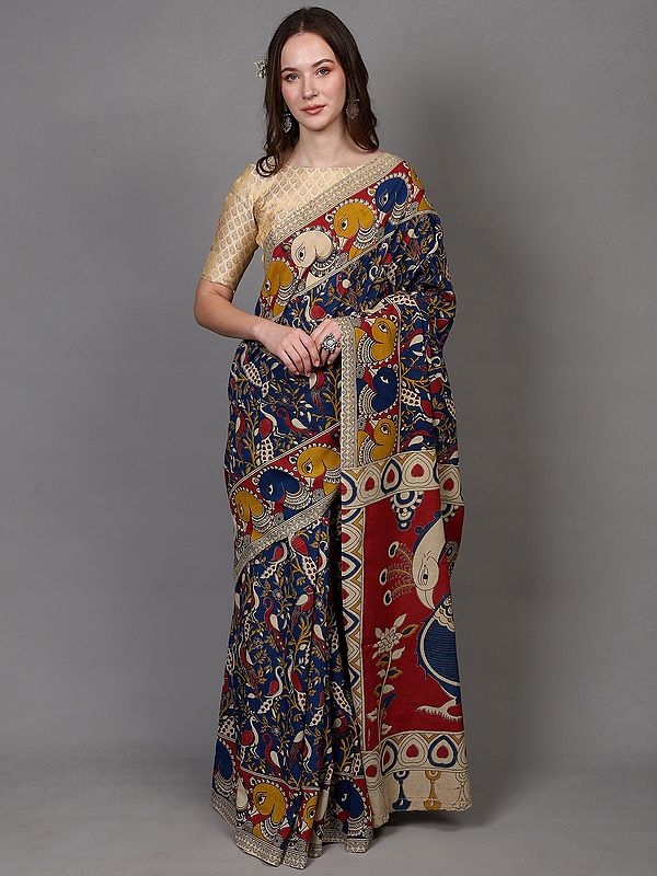 Bellwether-Blue Pure Cotton Kalamkari Saree with Printed Birds on Tree Branch
