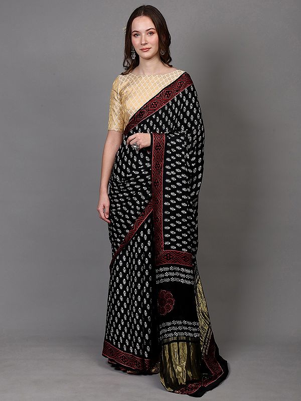 Black-Onyx Dabu Block Printed Leaf Motifs Saree with Shimmer Pallu from Madhya Pradesh