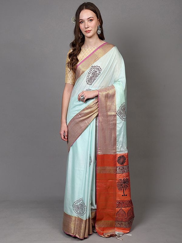 Mint-Julep Zari Woven Chevron Border Saree with Printed Coconut Tree & Motifs