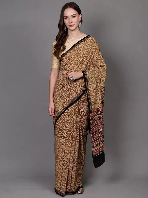Lemon-Meringue Kantha Embroidered Crepe Saree with Floral Jaal Print and Sequins work