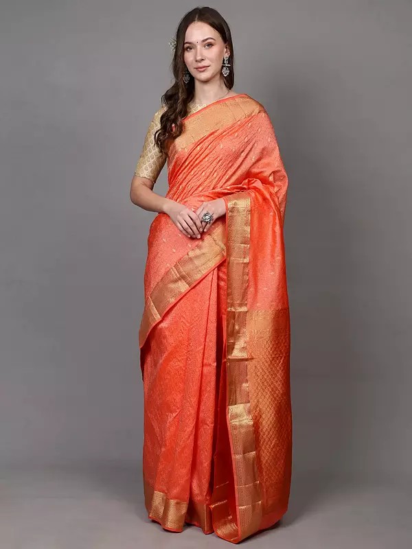 Peach-Pink Pure Silk Handloom Saree from Bangalore with Zari Weave