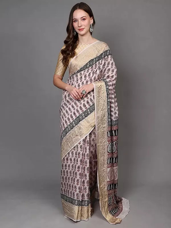 White-Alyssum Floral Zari Border Saree with All-over Paisleys Print  from Madhya Pradesh