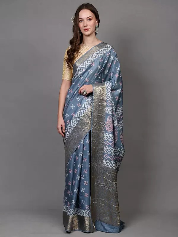 Dusty-Blue Floral Vine Zari woven Saree with Printed Motifs from Madhya Pradesh