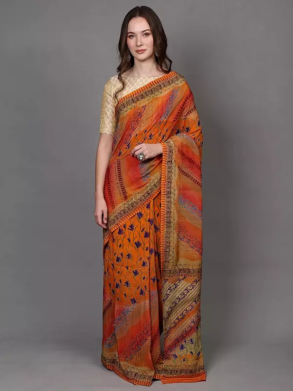 Flame-Orange Sequins work Crepe Saree with Kantha Embroidered Flowers