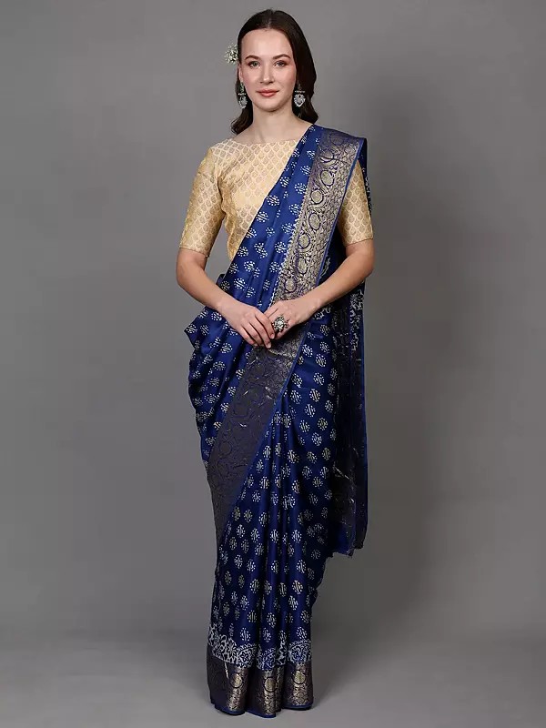 True-Blue Block Print Saree from Madhya Pradesh with Zari work Floral Vine Pattern Pallu and Wide Border