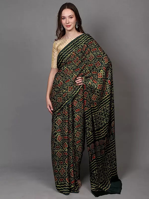 Hunter-Green Silk Saree with Bagru Block Printed Floral Motifs from Madhya Pradesh