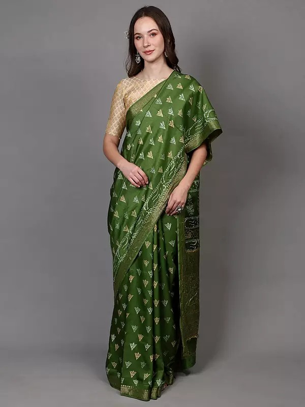 Forest-Green Dabu Block-Printed Saree from Madhya Pradesh with Golden Thread woven Phool Bail Border