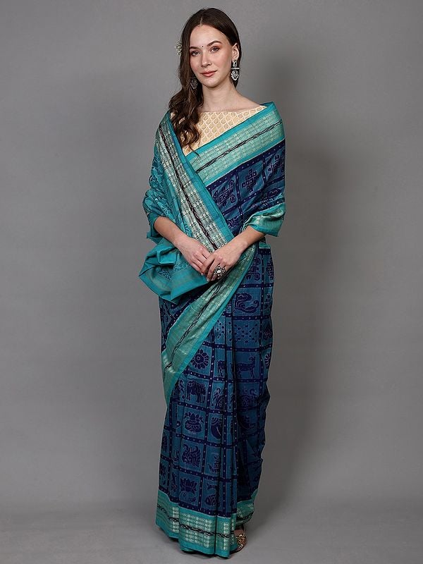 Twilight-Blue Pure Cotton Ikat Handloom Saree with Animal Motifs and Fish Weave Border from Sambhalpur