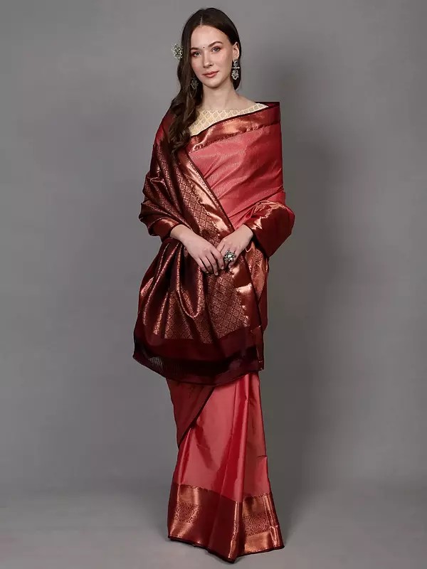 Faded-Rose Saree from Bangalore with Woven Motifs in Copper Colored Thread