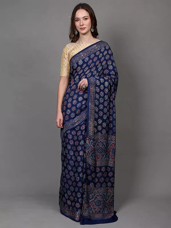 Twilight-Blue Floral Motifs Bagru Block Printed Silk Saree from Madhya Pradesh