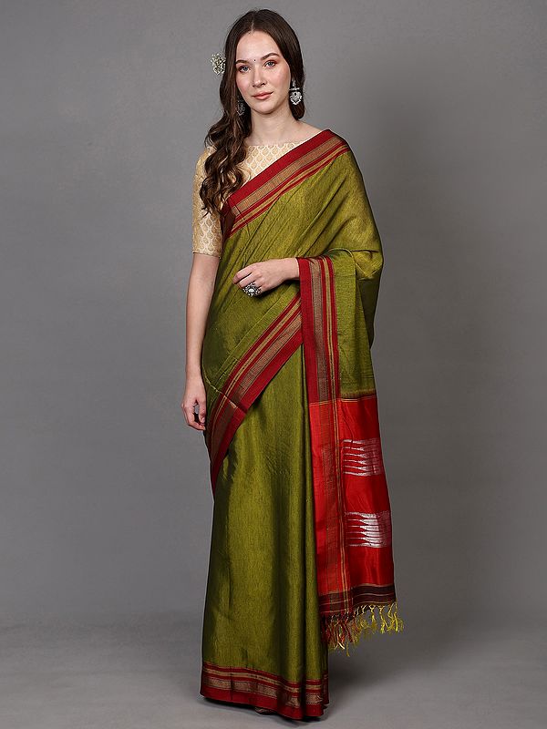 Golden-Cypress Ilkal Handloom Traditional Saree with Contrast Red Border and Anchal