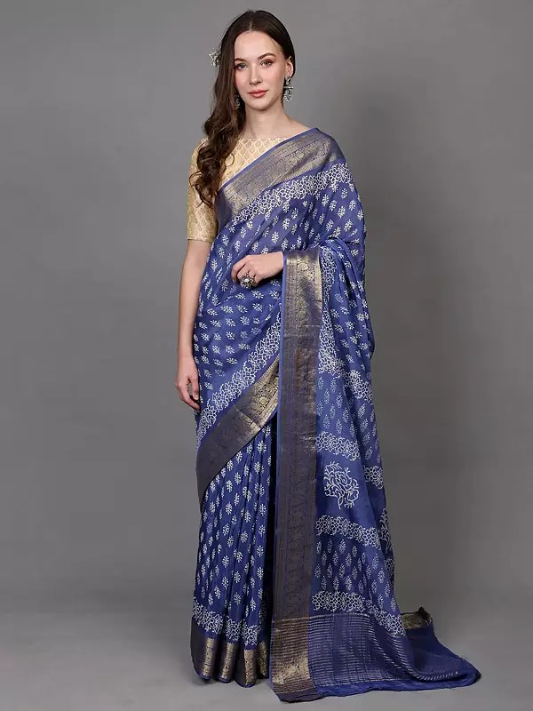 Dutch-Blue Dola Silk Saree with Dabu Block Print and Zari Woven Floral Vine Border