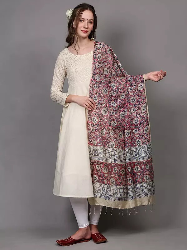 Wild-Rose Kalamkari Dupatta with Block-Printed Flowers from Telangana