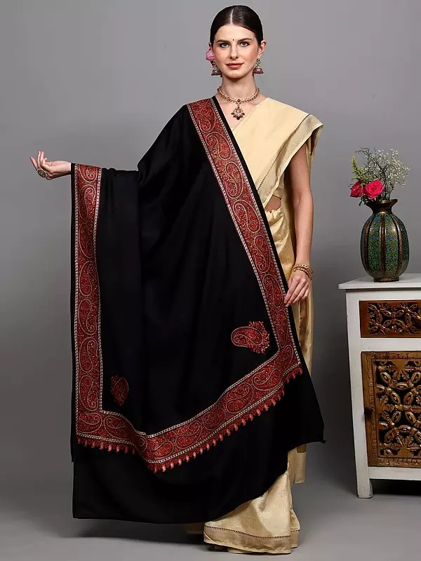 Pure Wool Shawl with Thread Embroidered Border Paisley and Corners from Amritsar