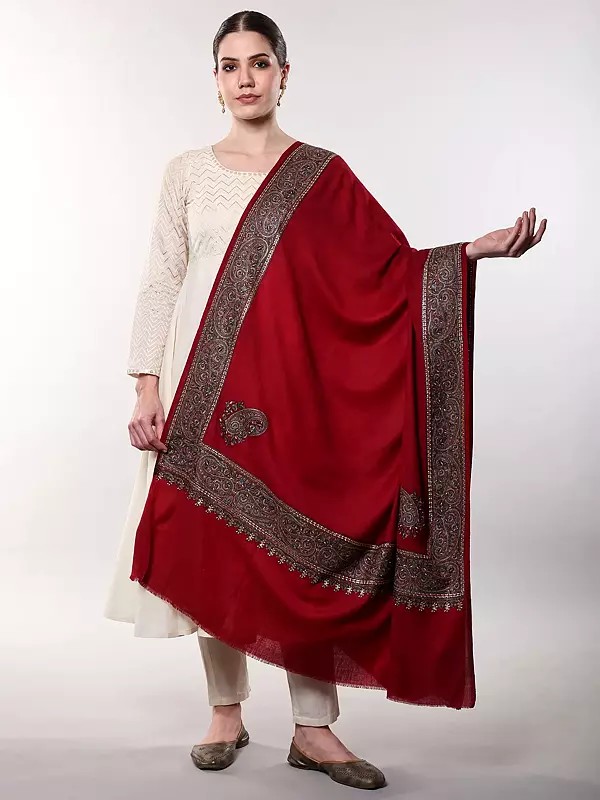 Pure Wool Shawl with Thread Embroidered Border Paisley and Corners from Amritsar