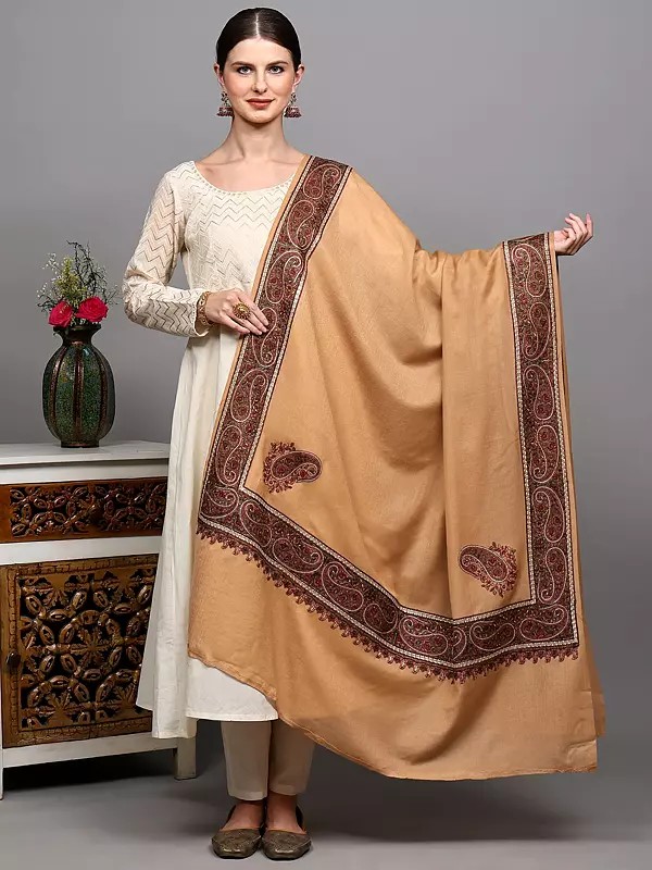 Pure Wool Shawl with Thread Embroidered Border Paisley and Corners from Amritsar